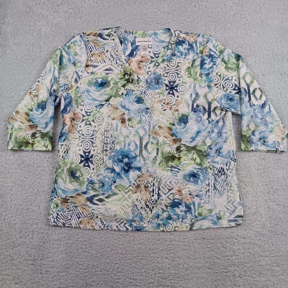 Alfred Dunner Top XL Women Blue Green Floral Embellished 3/4 Sleeve RN19232